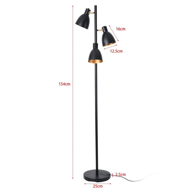 Esquema acotado Lámpara de pie Witney de 3 luces Negro / Dorado [lux.pro]