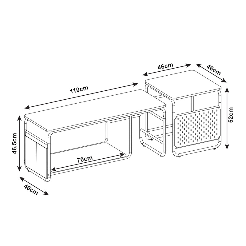 Esquema acotado Mesa de televisión Dyrøy con mesa auxiliar Blanco/Roble [en.casa]