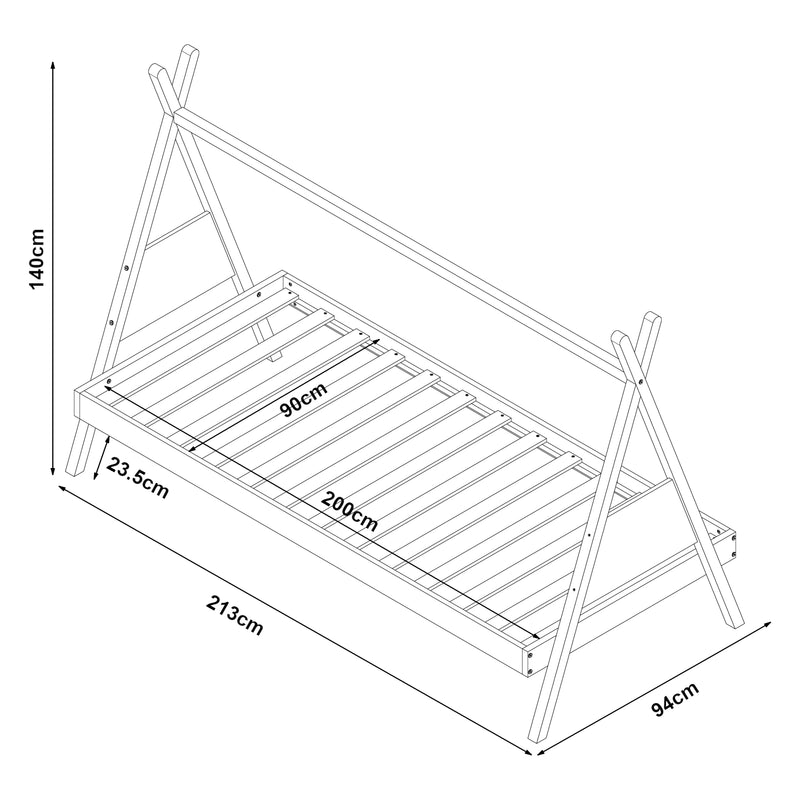 Esquema acotado Cama tipi Siikajoki 90x200cm Madera de pino natural [en.casa]