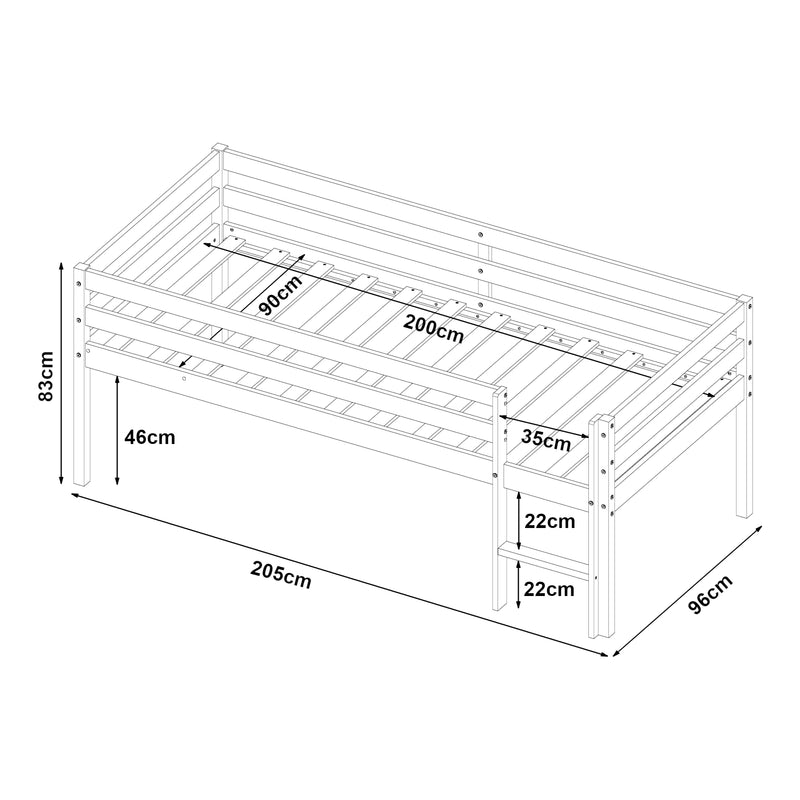 Esquema acotado Cama infantil Siikalatva 90x200cm Madera de pino Blanco [en.casa]