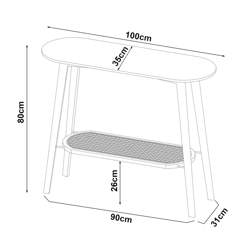 Esquema acotado Mesa consola Taivalkoski 100x35x80 cm Negro/Aspecto ratán [en.casa]