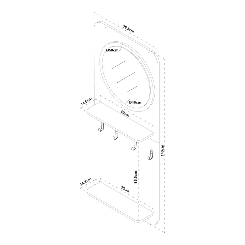 Esquema acotado Panel de vestuario Helsinge con espejo 140x60x16 cm [en.casa]