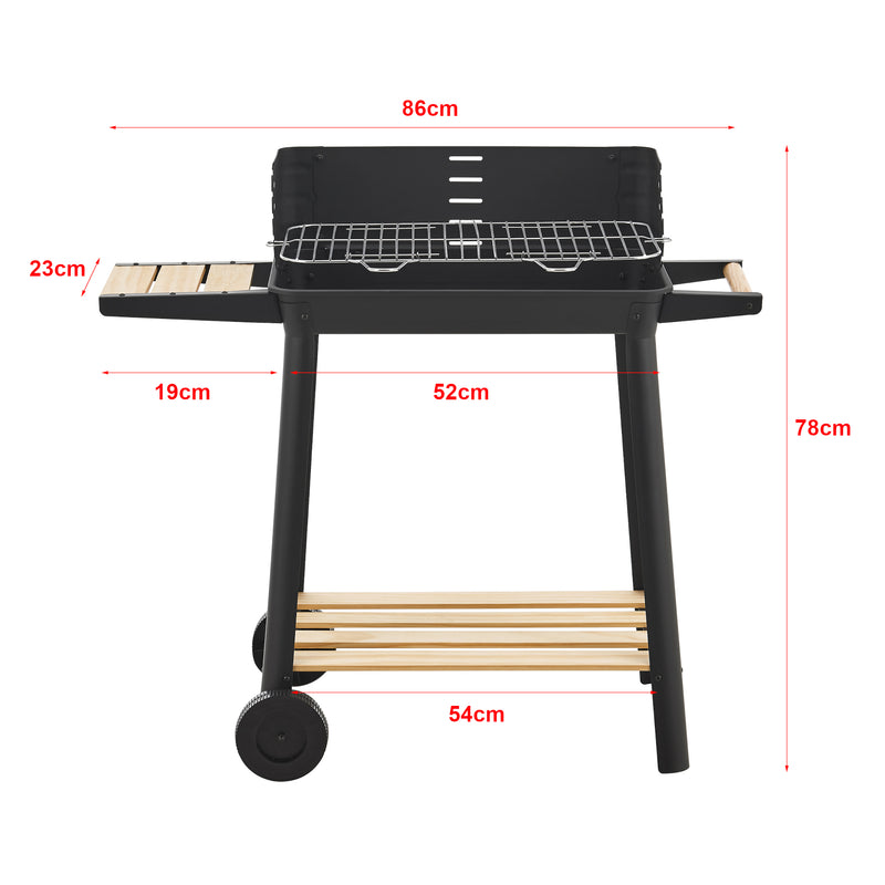 Esquema acotado Barbacoa de carbón Ari con 2 ruedas 78x86x30cm - Negro/Madera [casa.pro]