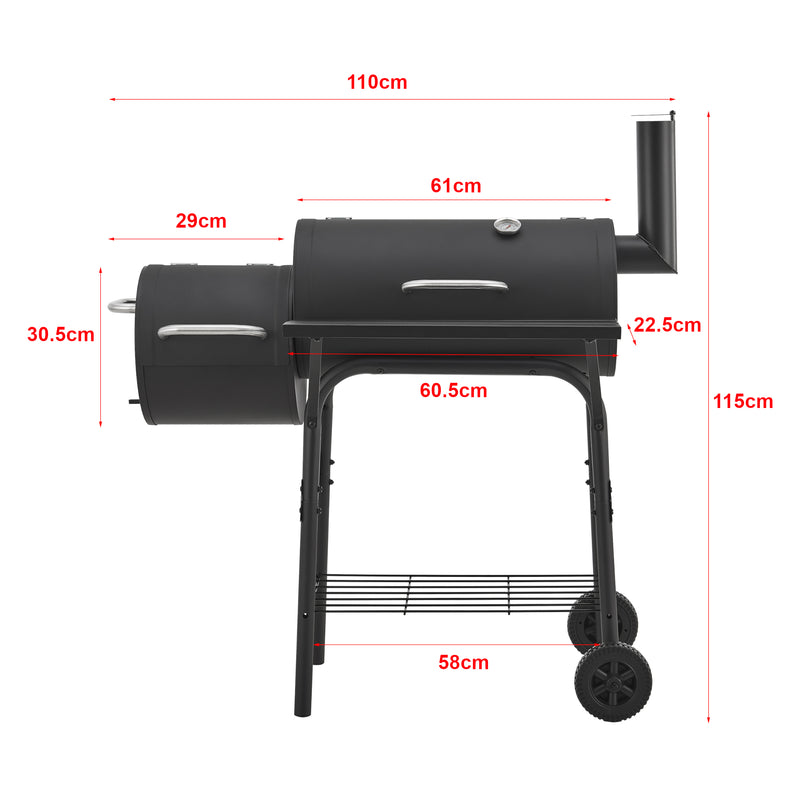 Esquema acotado Carro de barbacoa para fumadores Arielli 115x110x64cm Negro [casa.pro]