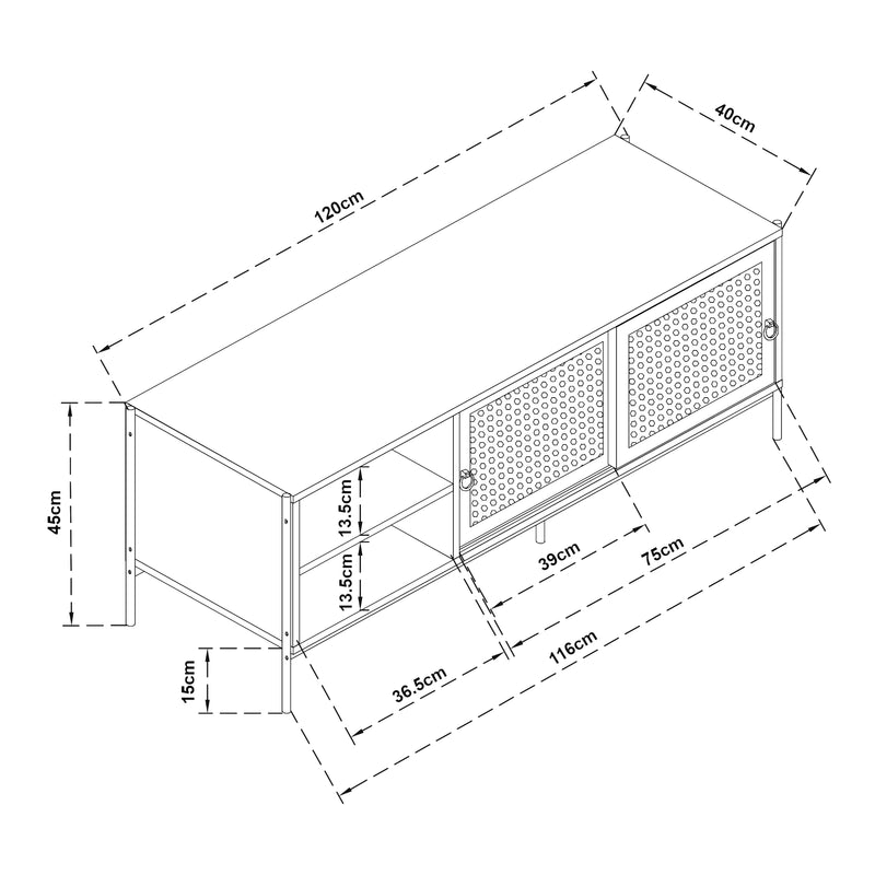 Esquema acotado Mueble de TV Tysnes 120x40x45 cm aspecto roble/negro [en.casa]