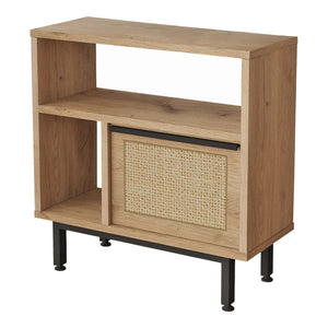 Mesa auxiliar Kvænangen 60x60x26 cm aspecto roble/rattan [en.casa]