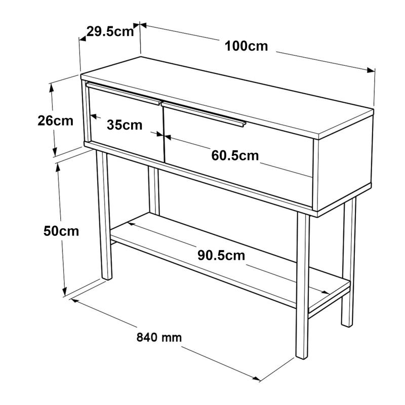 Esquema acotado Mesa consola Kvænangen 100x30x76 cm Roble/Aspecto ratán [en.casa]