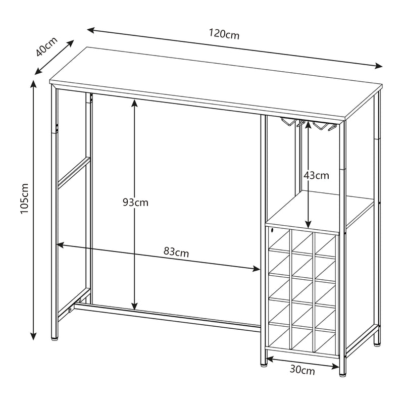 Esquema acotado Mesa de bar Trøndelag 120x40x105 cm con estante para vino para 15 botellas [en.casa]