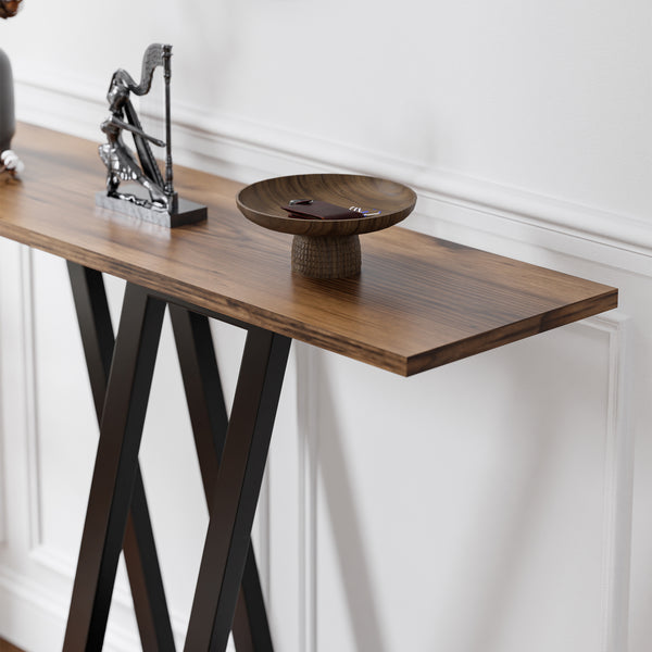 Mesa consola Seinshung 110x30x80 cm Negro/Aspecto nogal [en.casa]