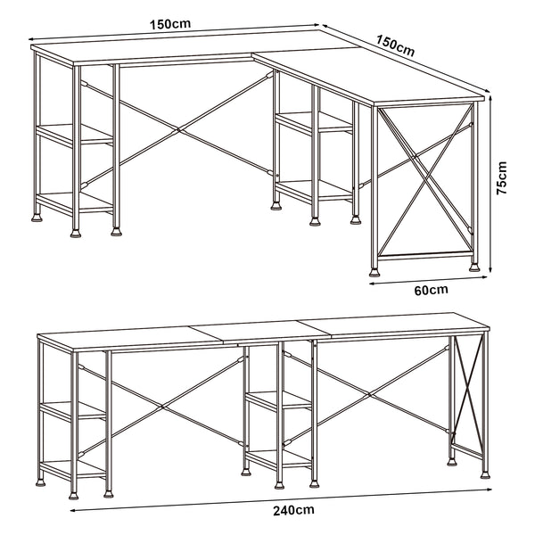 Escritorio Klirurud con 2 estantes en forma de L 150x150x75 cm aspecto roble [en.casa]