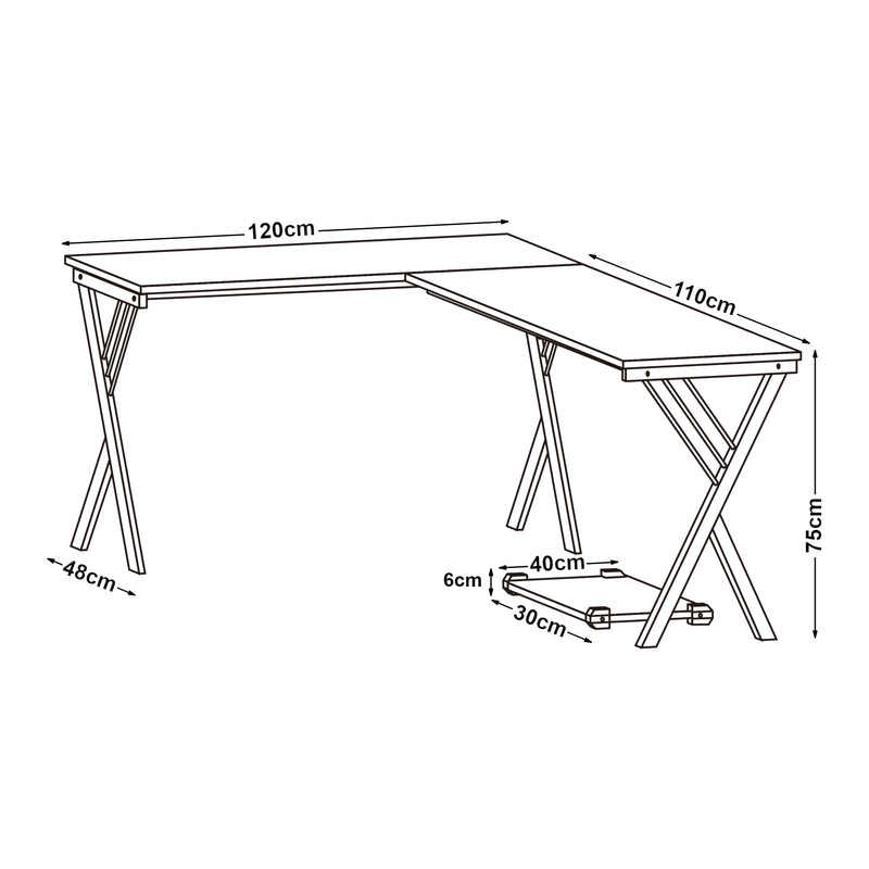 Esquema acotado Escritorio Tarielarg con soporte para PC en forma de L 158x120x75 cm aspecto roble [en.casa]