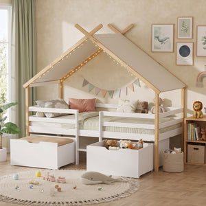 Cama infantil Surnadal en forma de casita 90x200 cm pino - Blanco/Natural [en.casa]
