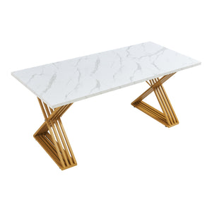 Mesa de comedor Hujaari para 6 personas efecto mármol, blanco / dorado [en.casa]