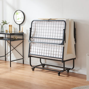 Cama plegable de metal Lustendi con colchón 200x90cm Negro/efecto roble [en.casa]
