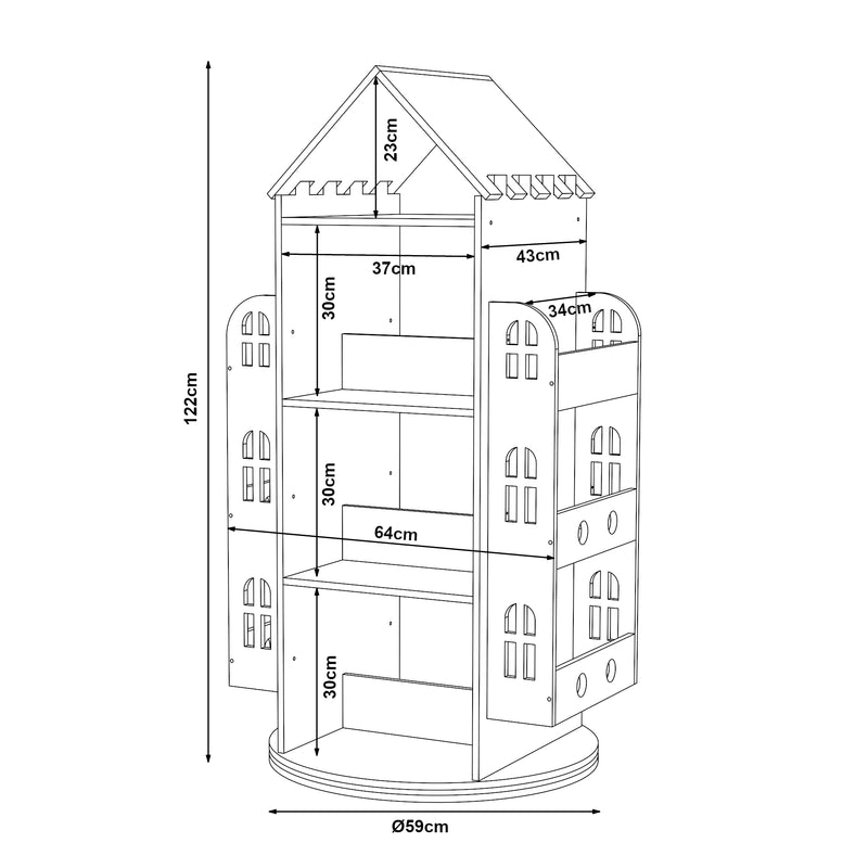 Esquema acotado Estantería infantil giratoria Sanköre 122x64x43 cm Madera de pino natural [en.casa]
