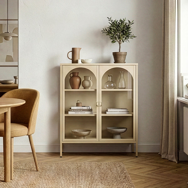 Aparador vitrina Klippestad acero 95x80x35 cm color camello [en.casa]
