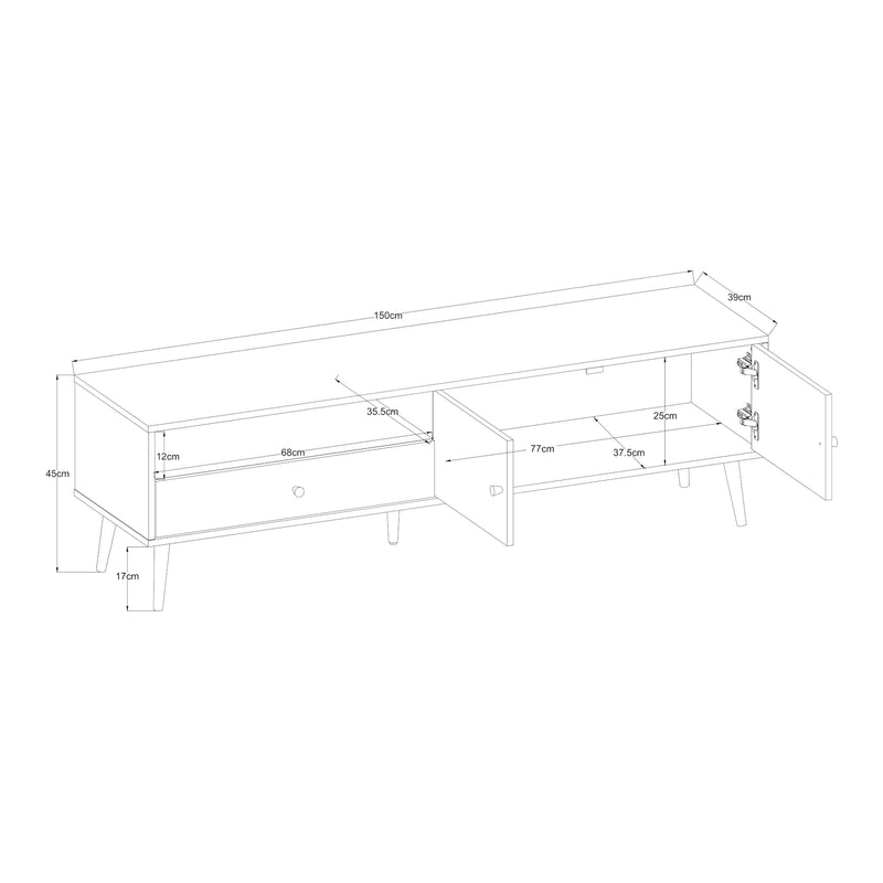 Esquema acotado Mueble TV Hallevil con cajón y 2 puertas aglomerado 150x39x45cm - Blanco [en.casa]