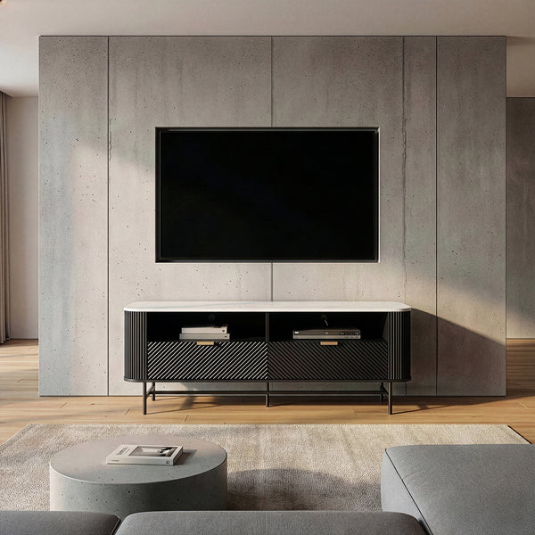 Mueble bajo para TV Olvehok 140x40x55 cm Negro/efecto mármol, blanco [en.casa]