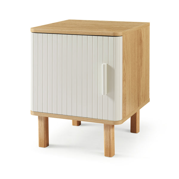Mesita de noche Ferrersp con puerta 50x40x40 cm aspecto roble/color arena [en.casa]