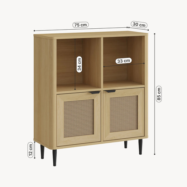 Aparador de salón Lukhomso 85x75x30cm - Efecto roble/Efecto ratán [en.casa]