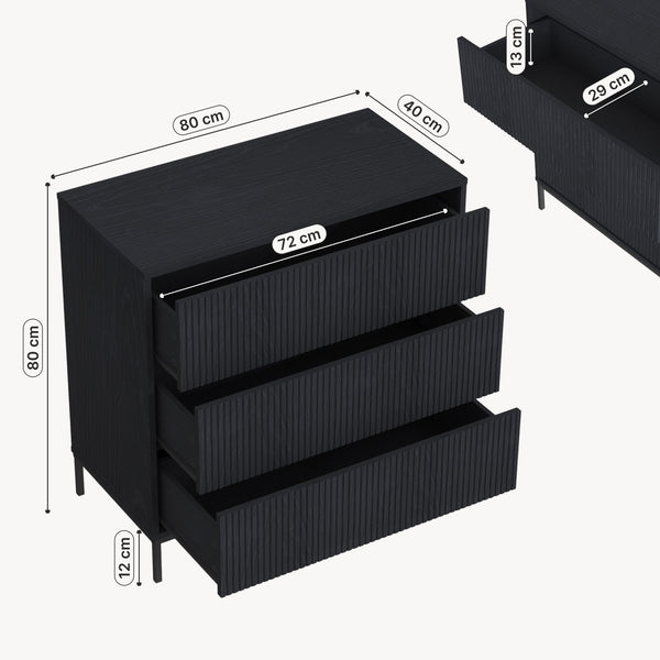 Cajonera Nykapin con 3 cajones MDF 80x80x40cm - Negro [en.casa]
