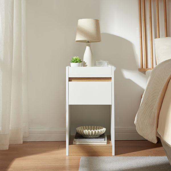 Mesita de noche Lure 55x30x35 cm Blanco/Aspecto roble [en.casa]