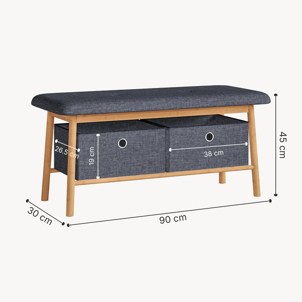 Sitzbank Vad mit 2 Aufbewahrungsboxen 90x30x45 cm Natur/Grau [en.casa]