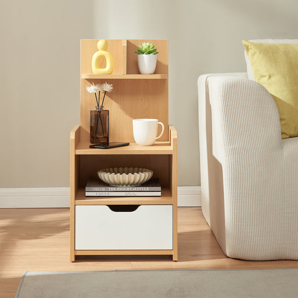 Mesita de noche Bordkak con estante 75x35x30 cm efecto roble/blanco [en.casa]