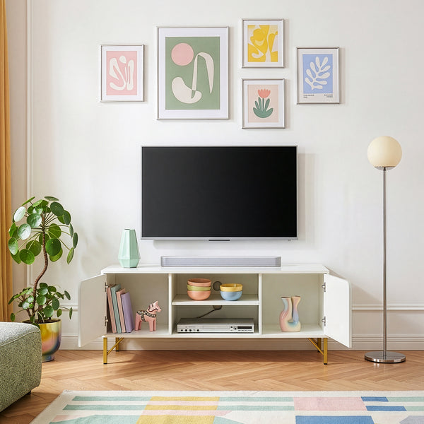 Mueble de televisión Reyri 120x39x52 cm Blanco/Dorado [en.casa]