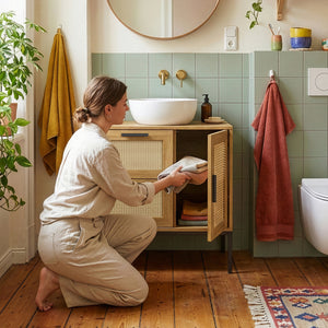 Mueble bajo lavabo Marhasa 2 puertas 1 cajón ratán 60x60x40cm Roble [en.casa]