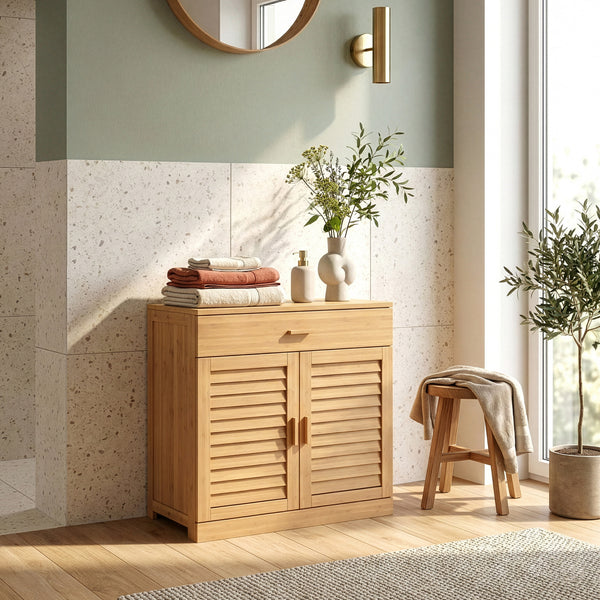 Zapatero Aarela 2 puertas + cajón bambú 67x66x34cm Natural [en.casa]