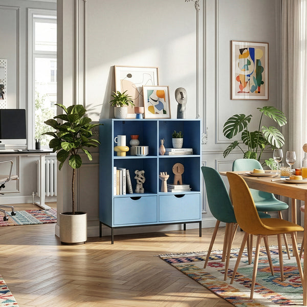 Bücherregal mit 2 Schubladen Colwyn 105x80x40 cm Blau [en.casa]