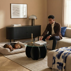 Mesa de centro Karhuvandi con tablero de vidrio Ø70x40 cm Negro/Gris [en.casa]