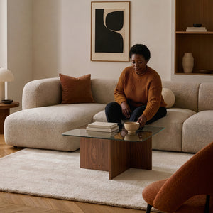 Mesa de centro Benexjö con tablero de vidrio 70x70x36 cm aspecto nogal/Gris [en.casa]