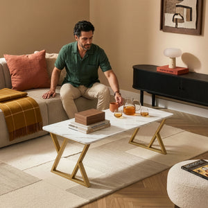 Mesa de centro Nolu 120x60x46 cm color dorado/efecto mármol, blanco [en.casa]