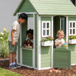 Casita de juegos para niños Kuoldsvin Madera de abeto 144x102x90 cm Verde/Blanco [en.casa]