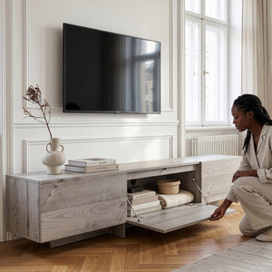 Mueble de televisión Kapipimso con 3 puertas abatibles 194x31x37 cm efecto roble, gris [en.casa]