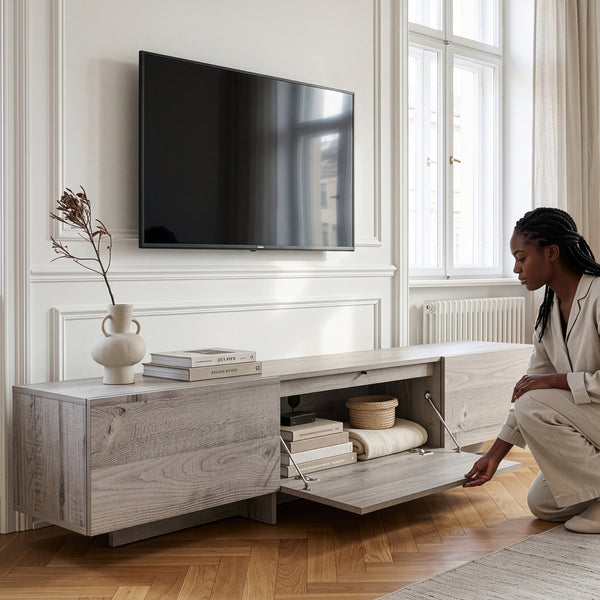 Mueble de televisión Kapipimso con 3 puertas abatibles 194x31x37 cm efecto roble, gris [en.casa]