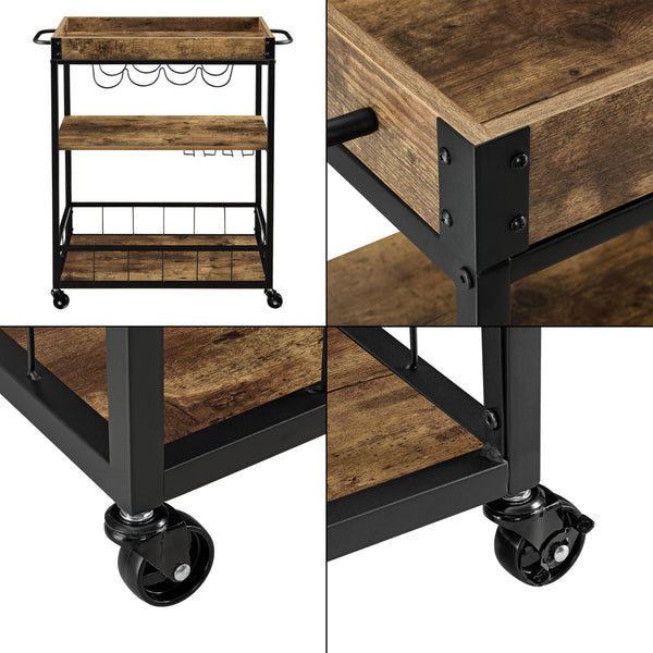 Carrito de servicio Thalwil 89,5 x 67 x 40 cm Carrito con ruedas con soporte para botellas Negro/Color madera en.casa