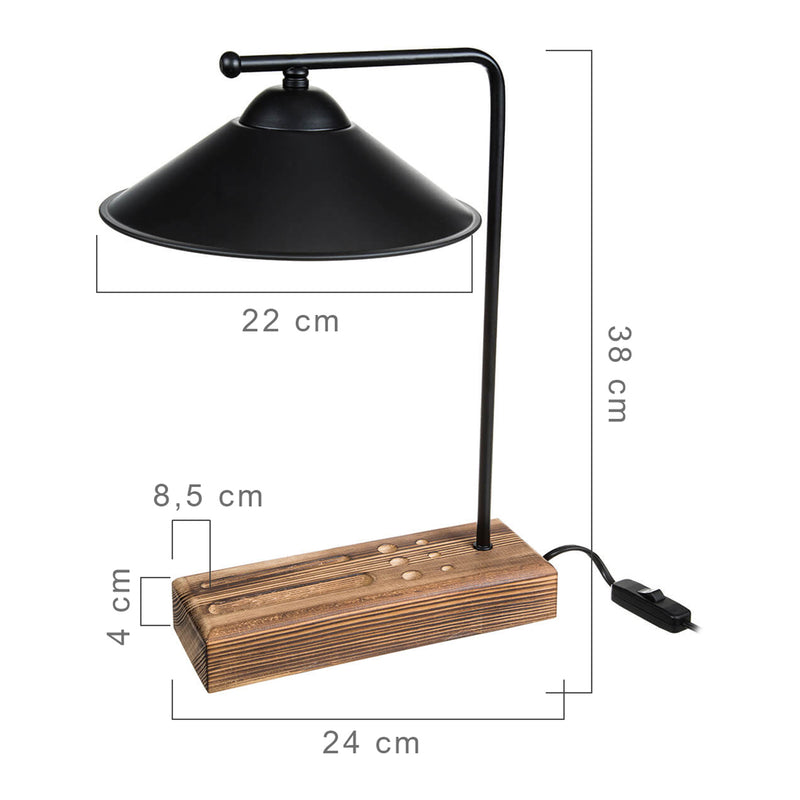Esquema acotado Lámpara de mesa Folkestone E27 Madera maciza Metal Negro / Madera [lux.pro]