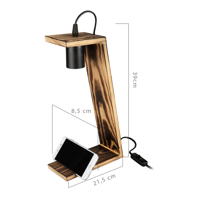 Esquema acotado Lámpara de mesa Gillingham E27 Madera maciza Negra / Aspecto madera [lux.pro]
