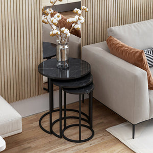 Mesa de comedor Frederiksværk juego de 3 piezas efecto mármol negro [en.casa]