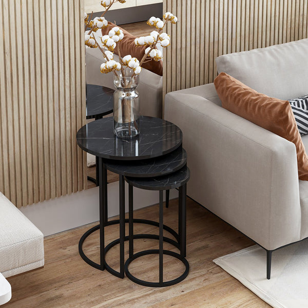 Mesa de comedor Frederiksværk juego de 3 piezas efecto mármol negro [en.casa]