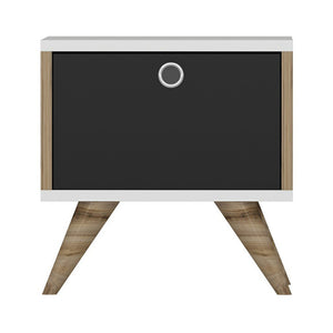 Mesita de noche Hinnerup con puerta abatible 41x40x35 cm Blanco / aspecto roble / Negro [en.casa]