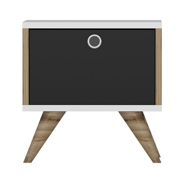 Mesita de noche Hinnerup con puerta abatible 41x40x35 cm Blanco / aspecto roble / Negro [en.casa]