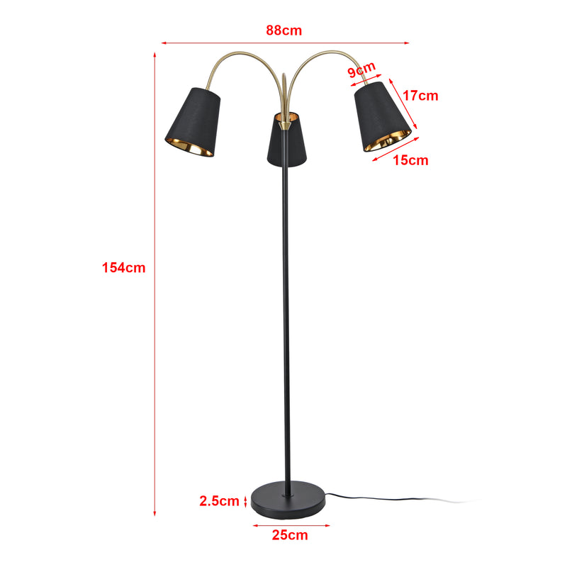 Esquema acotado Lámpara de pie Wycombe de 3 luces Negro / Dorado [lux.pro]