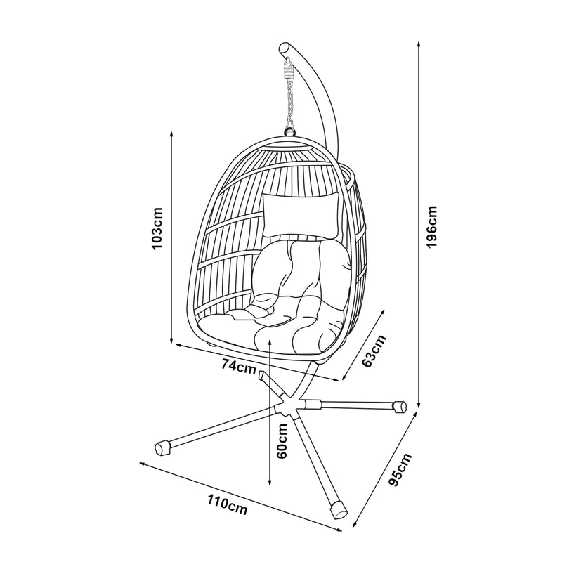 Esquema acotado Silla colgante Edeng con estructura 196x110x95 cm Gris [en.casa]