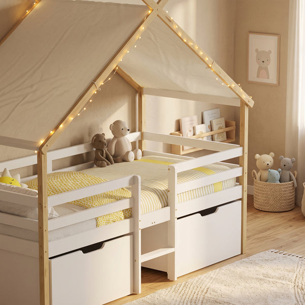 Cama infantil Surnadal en forma de casita 90x200 cm pino - Blanco/Natural [en.casa]