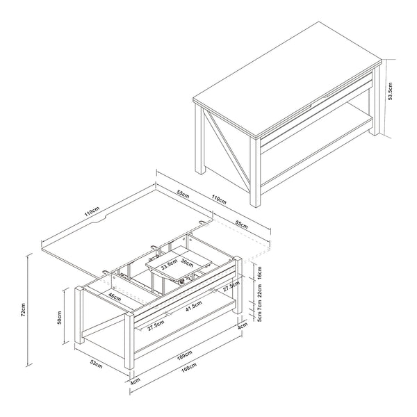 Mesa de centro Kasama con tablero elevable y espacio de almacenamiento 110x55x54 cm aspecto nogal/blanco [en.casa]
