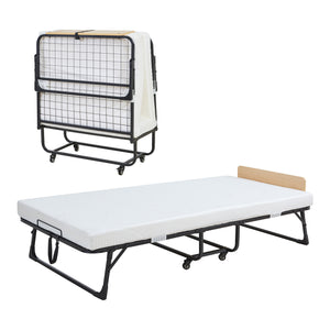 Cama plegable de metal Lustendi con colchón 200x90cm Negro/efecto roble [en.casa]
